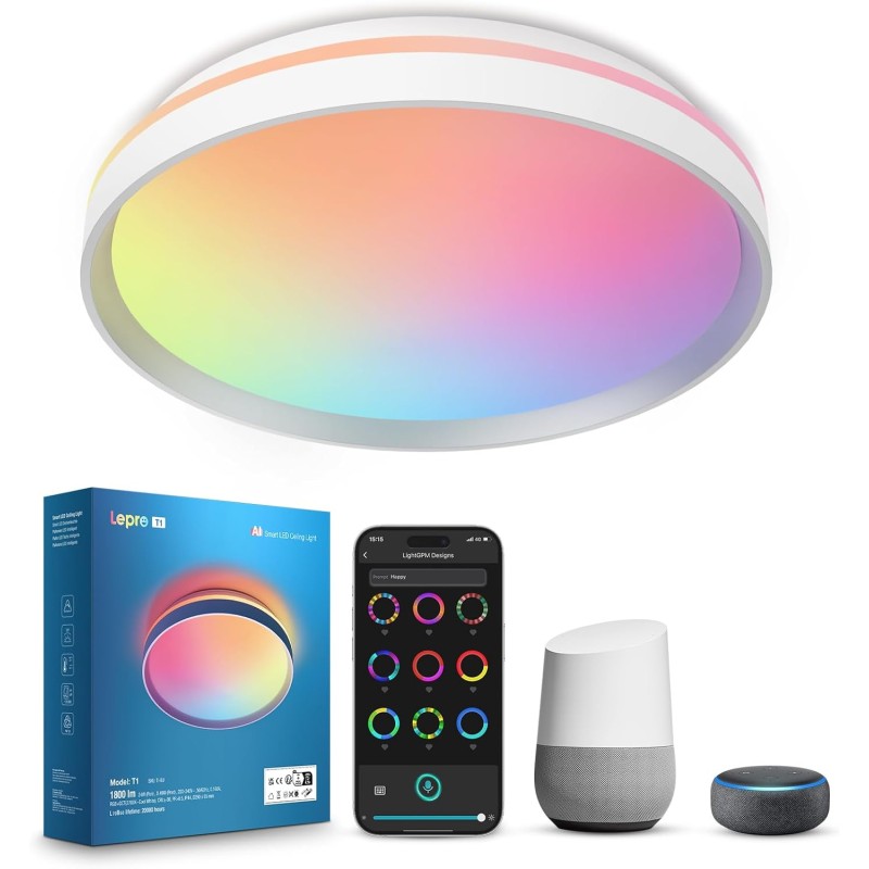 Plafonnier LED Connecté Lepro T1 : IA, Sync Musique, Contrôle Vocal
