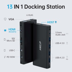 Adaptateur USB-C 13 en 1 : Multiports, HDMI/VGA, RJ45, Audio, PD 100W - Pour MacBook, Dell, Tablettes