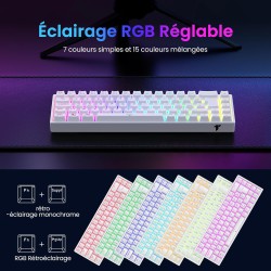 Clavier Gamer Mécanique TECURS : Sans Fil RGB, 65% TKL Azerty