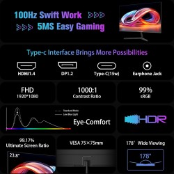 Écran PC 24" 100Hz IPS Minifire : 1080P, Haut-parleurs, Ports HDMI/Type-C